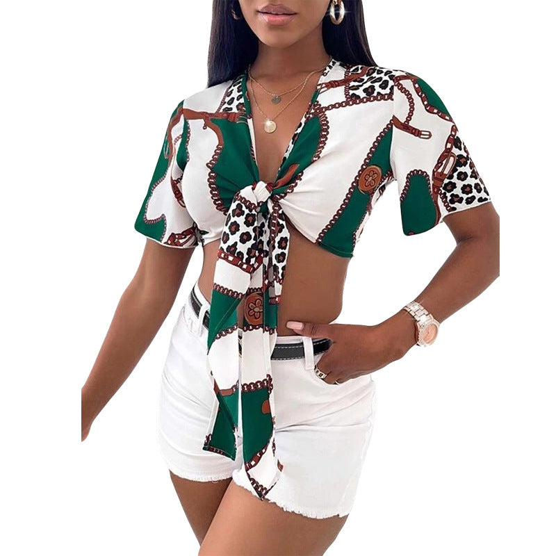 Women's Bow Tie Sexy Shirt Summer Short-Sleeved Printed Top 6