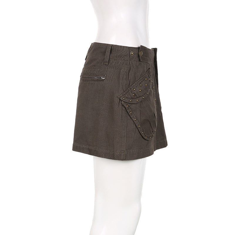 Women Beauty Street Retro Rivets Pockets Denim Skirt 8