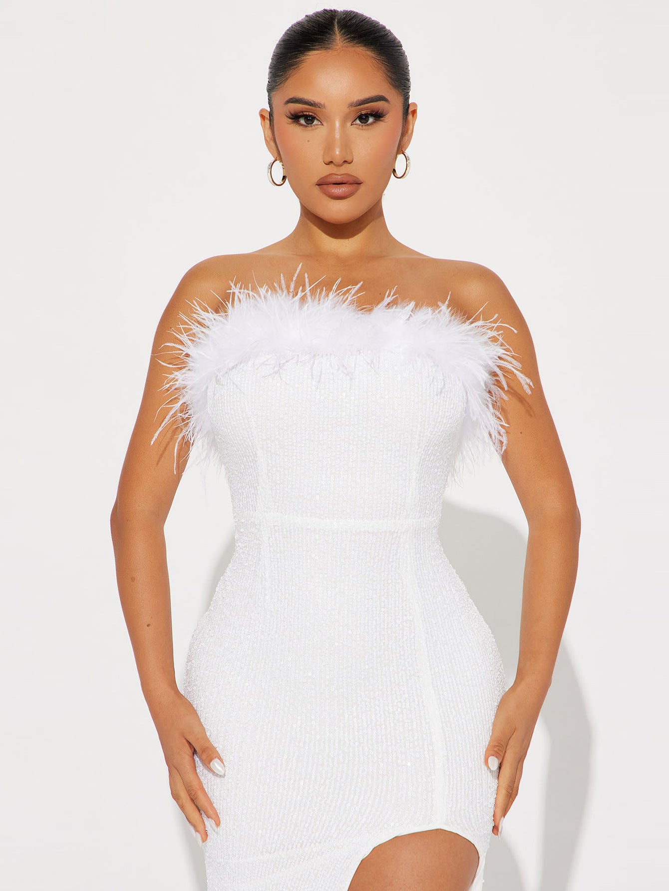 White Feather Strapless Sequin Low Back Women's Party Dress 4