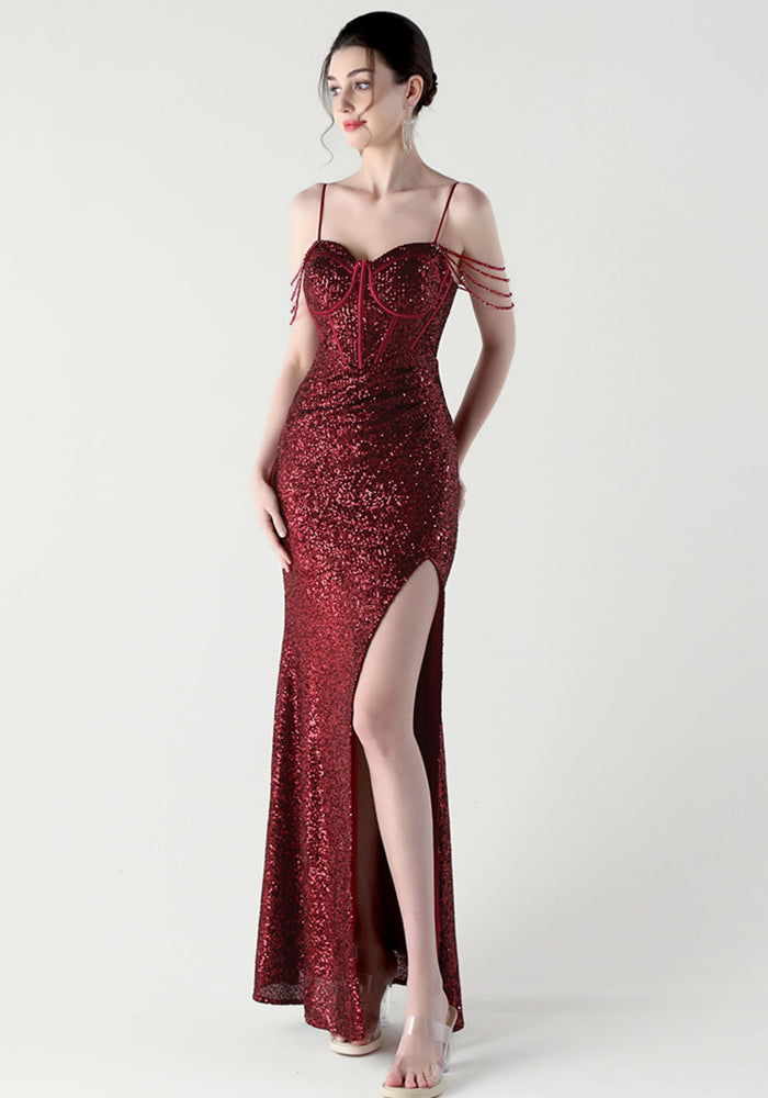 Women Evening Sequined Fishbone Vest Beaded Suspender Slit Evening Dress