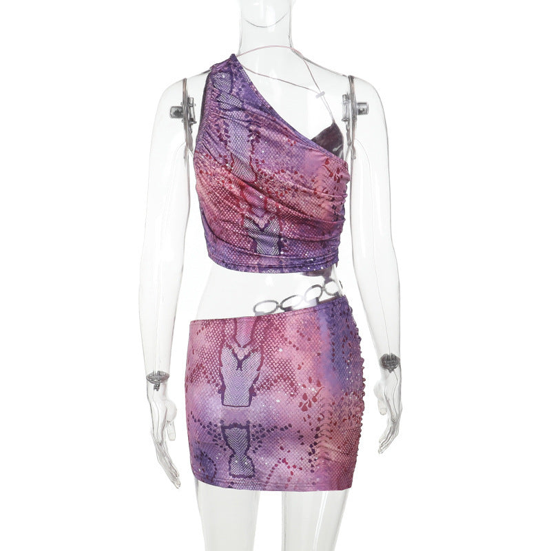 Women's Sexy One Shoulder Crop Two Piece Skirt Set 8