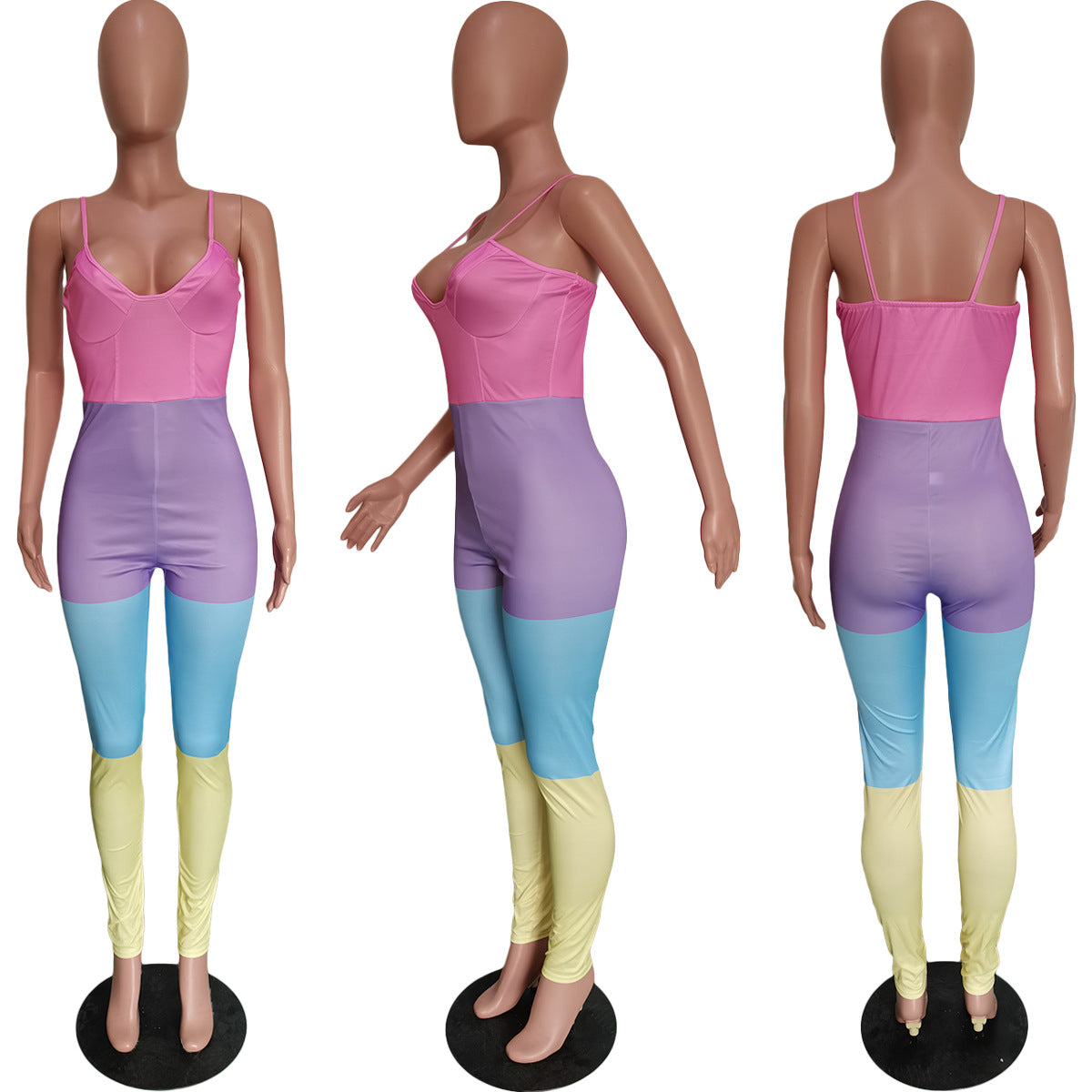 Spring Summer Women's Multicolor Patchwork Strap Sexy Jumpsuit 7