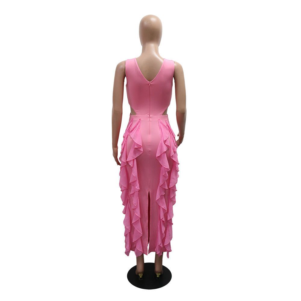 Women Sexy V-Neck Sleeveless Solid Ruffle Slit Dress 11