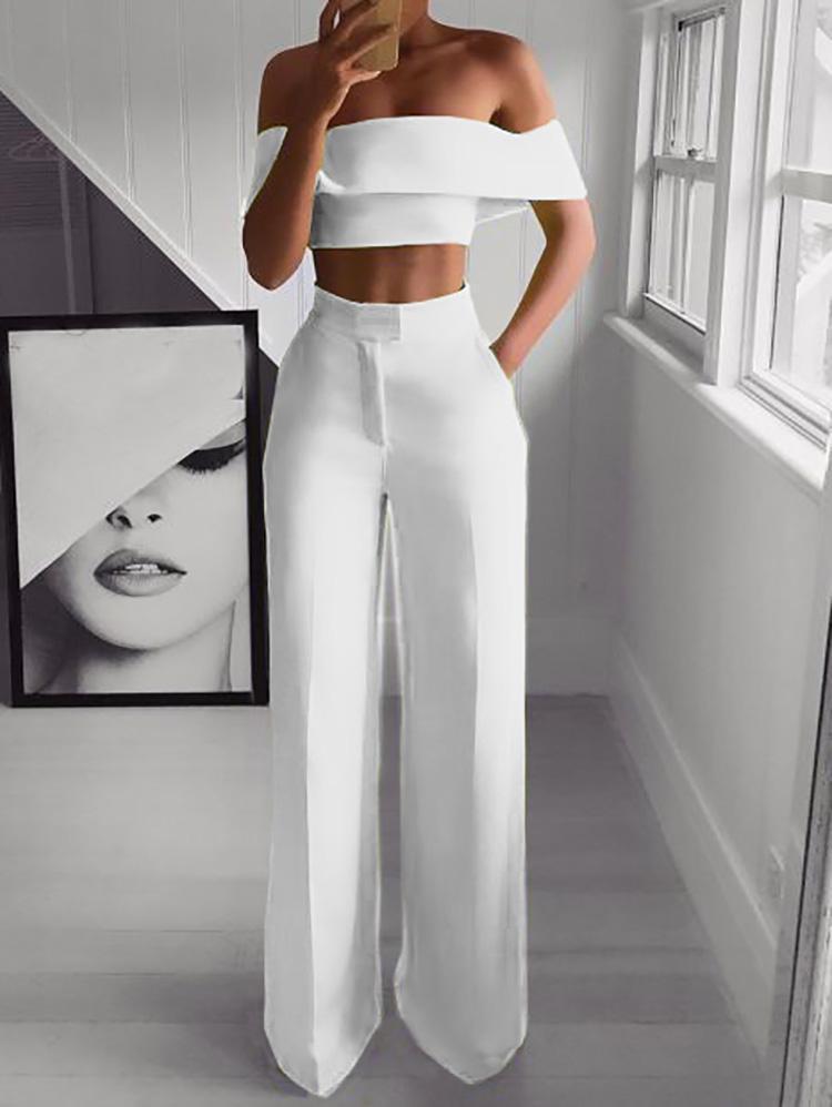 Women Elegant Off Shoulder crop top+ Loose Pants Two Piece