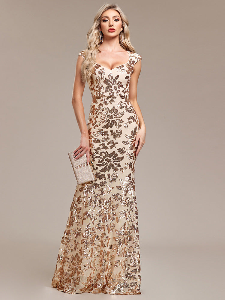 Women Square Neck Mermaid Rose Gold Pattern Sequin Sleeveless Party Evening Dress 6