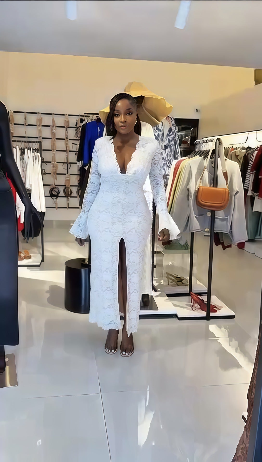 Spring Lace V Neck Bell Sleeve Slit Dress 3