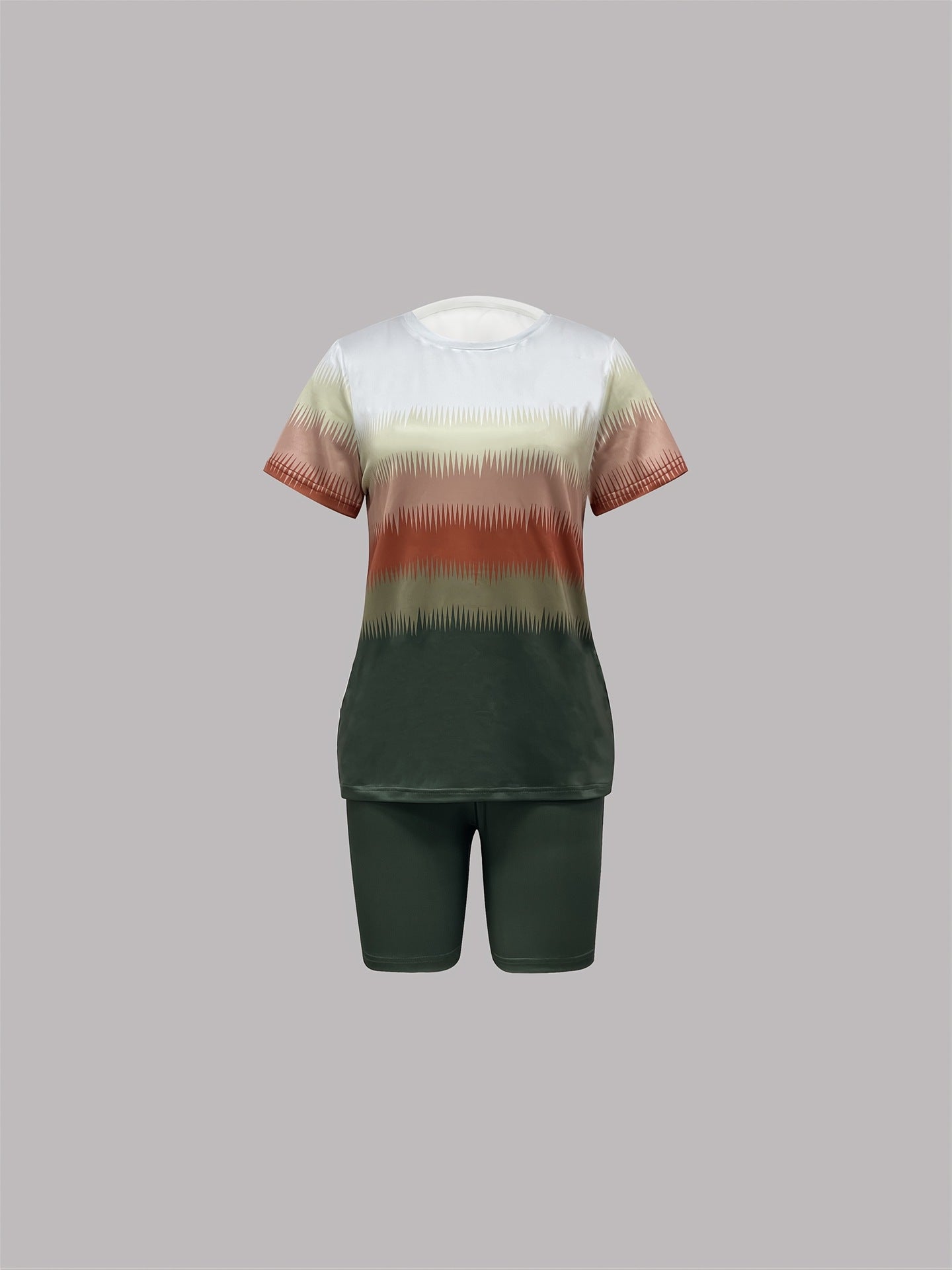 Women's Spring/Summer Geometric Stripe Round Neck T-Shirt & Tight-Fit Shorts Casual Set 35