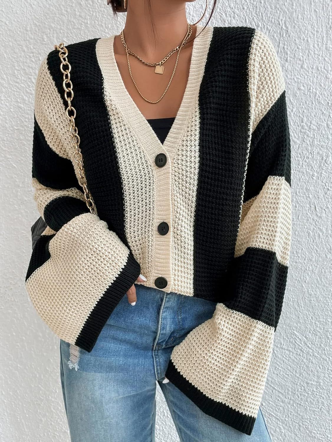 Fashionable Autumn And Winter Women's Striped Contrast Color Bell Bottom Sleeve Loose Knitting Cardigan 3
