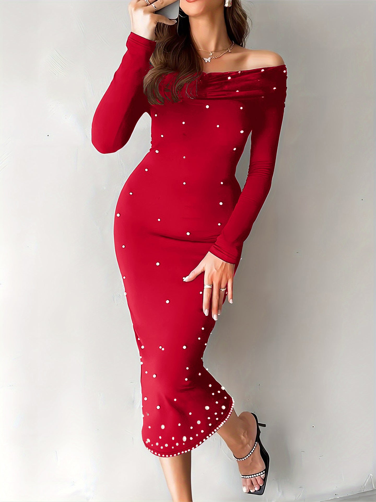 Fashionable And Elegant Off-Shoulder Solid Color Long Sleeve Beaded Bodycon Dress