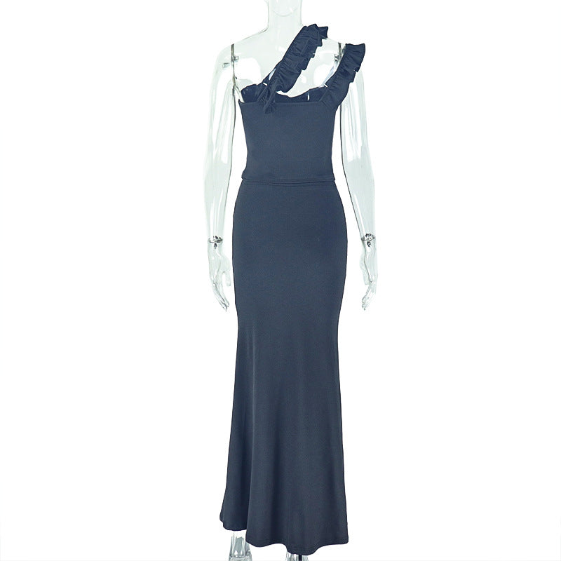 Elegant women's slit solid color irregular Slash Shoulder Halter Neck Strapless evening Skirt Set 8