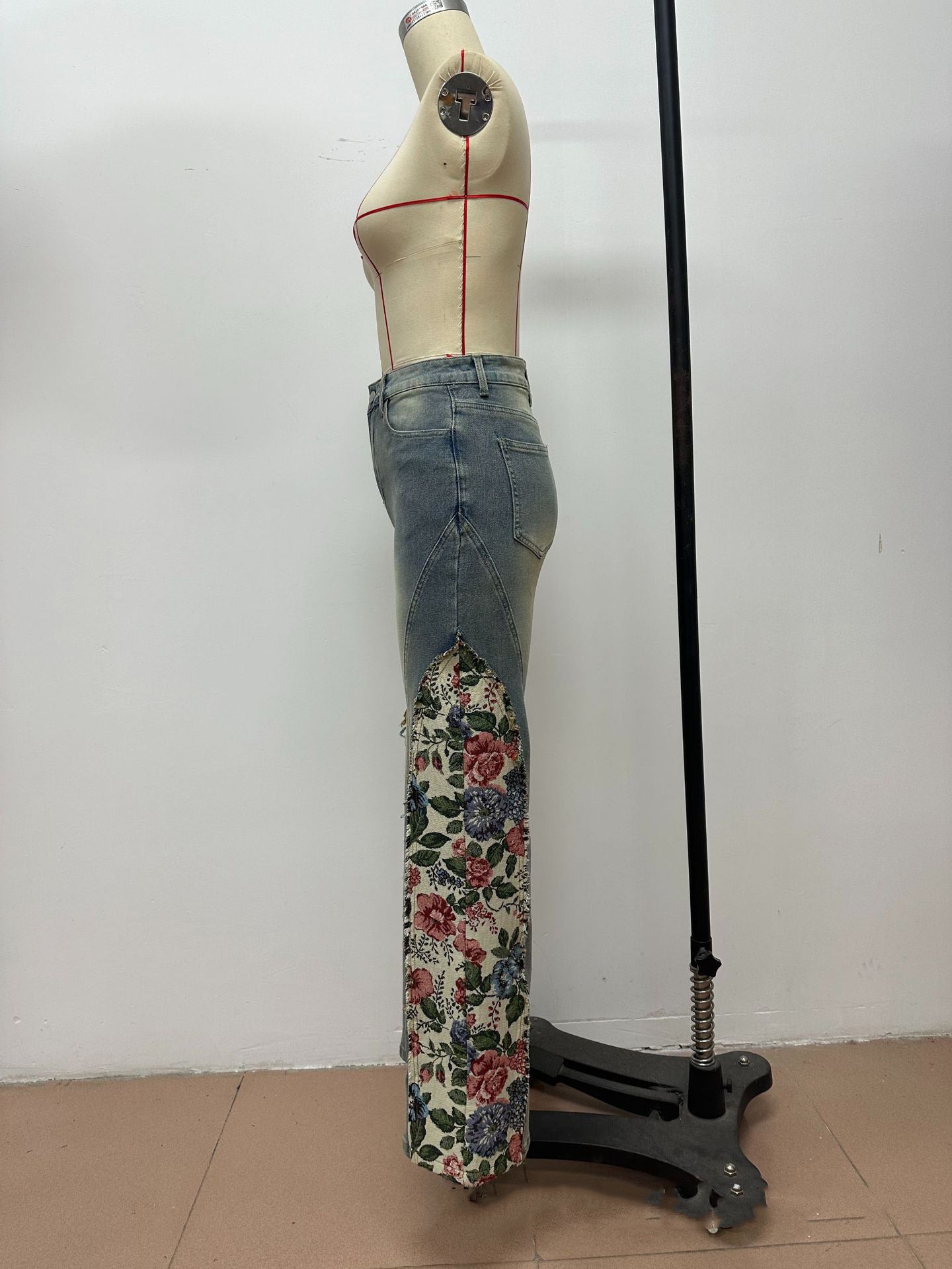 Patchwork Floral Denim Bell Bottom Pants 6