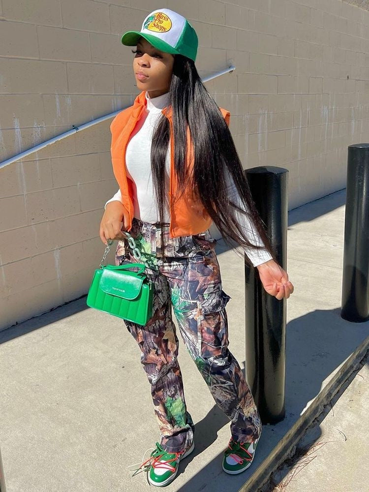 Autumn/Winter Fashion Leaf Print Straight High Waist Pocket Multicolor Cargo Pants 3