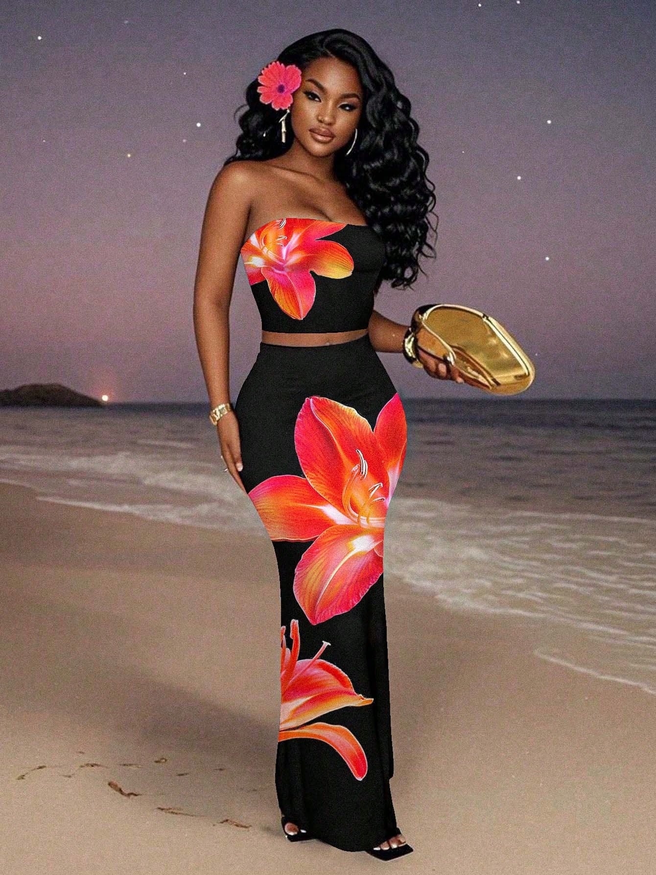 Women Casual Floral Print Sexy Strapless Top and Skirt Two-Piece Set 5