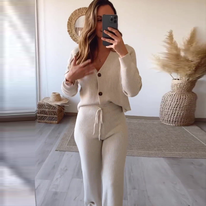 Women autumn solid v neck knitting top and trousers two-piece set 7