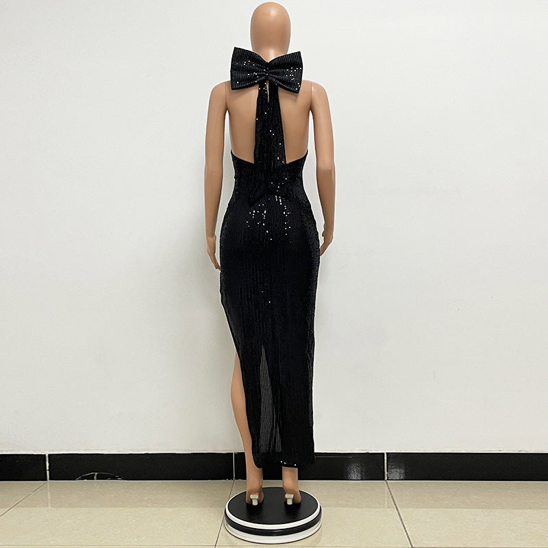 Women sequin split Halter Neck big bow Maxi Evening Dress 24