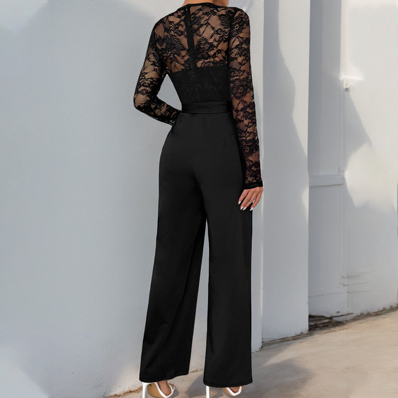 Autumn Lace Patchwork Long Sleeve Solid Color Jumpsuit 4