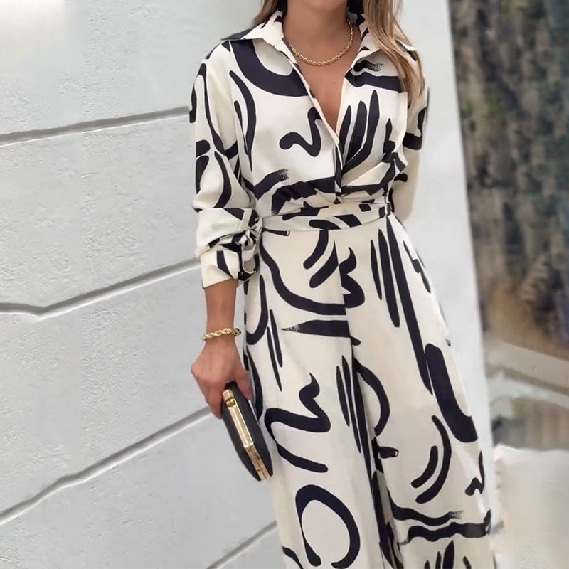 Women Casual Print Turndown Collar Jumpsuit 5