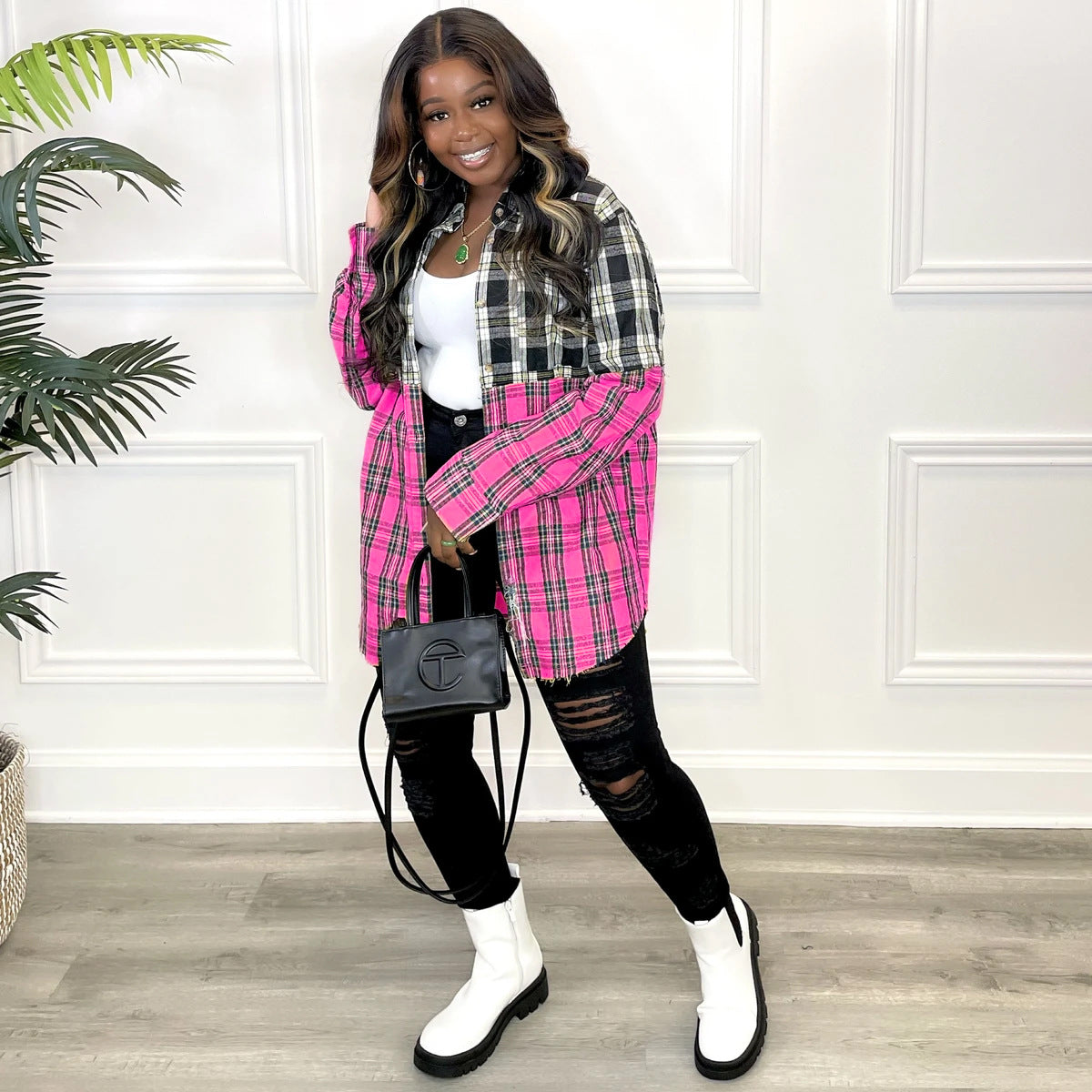 Women's Casual Color Block Patchwork Long Sleeve Shirt Dress 3