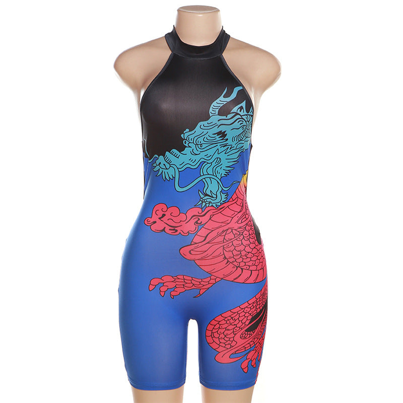 Summer Women's Fashion Halter Neck Sexy Low Back Slim Print Contrast Jumpsuit 9