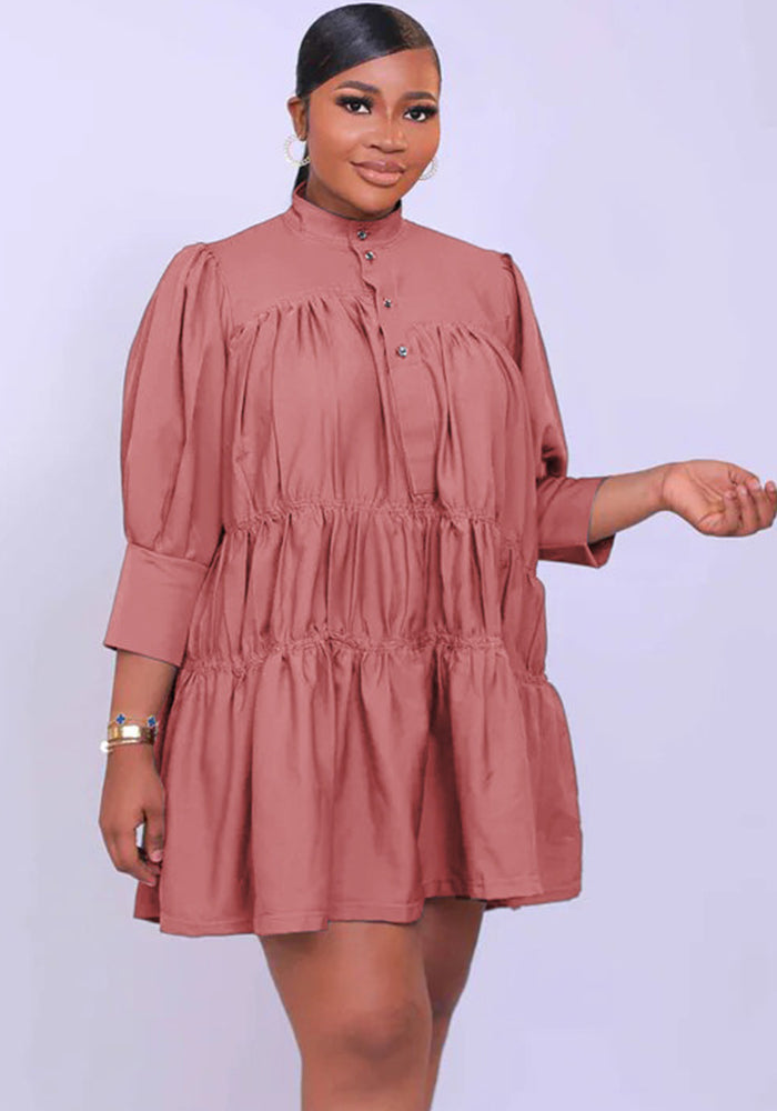 High Collar Solid Color Simple Loose Casual Women's Dress