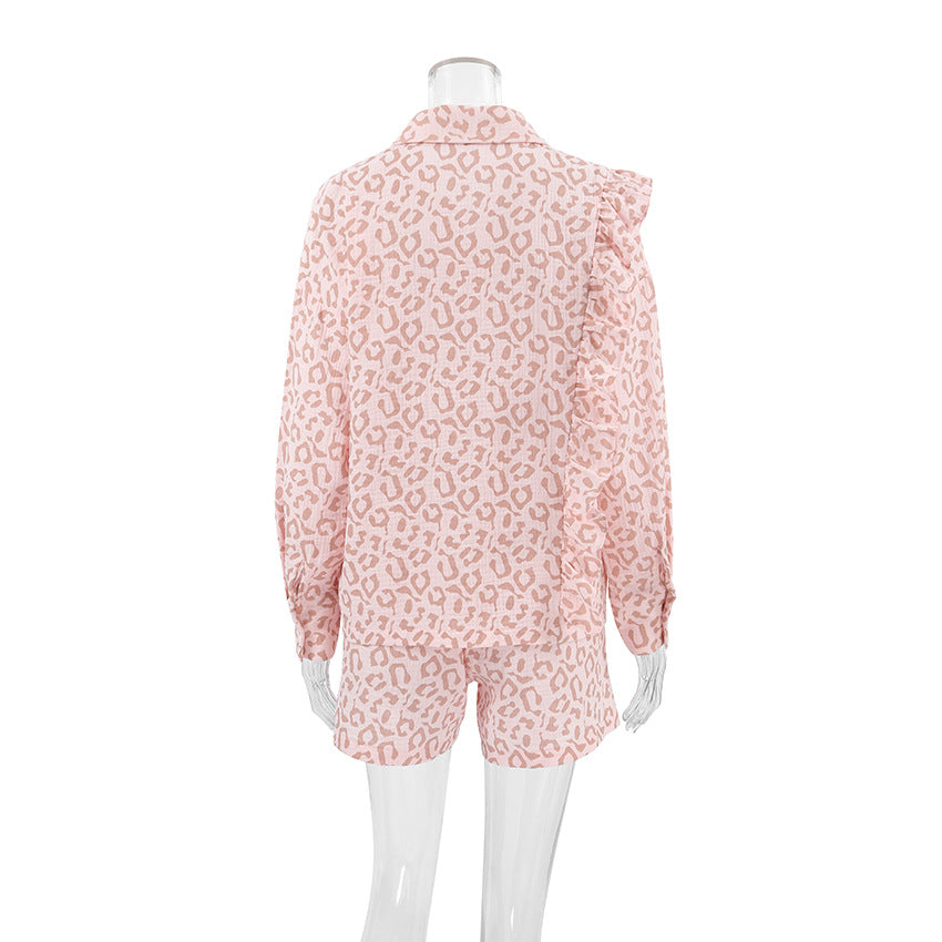pink leopard print fashion long-sleeved shrit shorts two piece set 8
