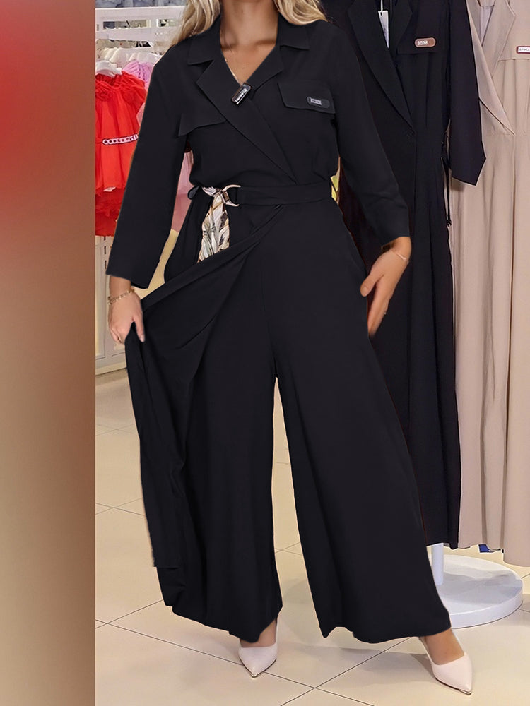 Solid Turn-Down Collar Irregular Lace-Up Patchwork Slim Waist Casual Jumpsuit 4