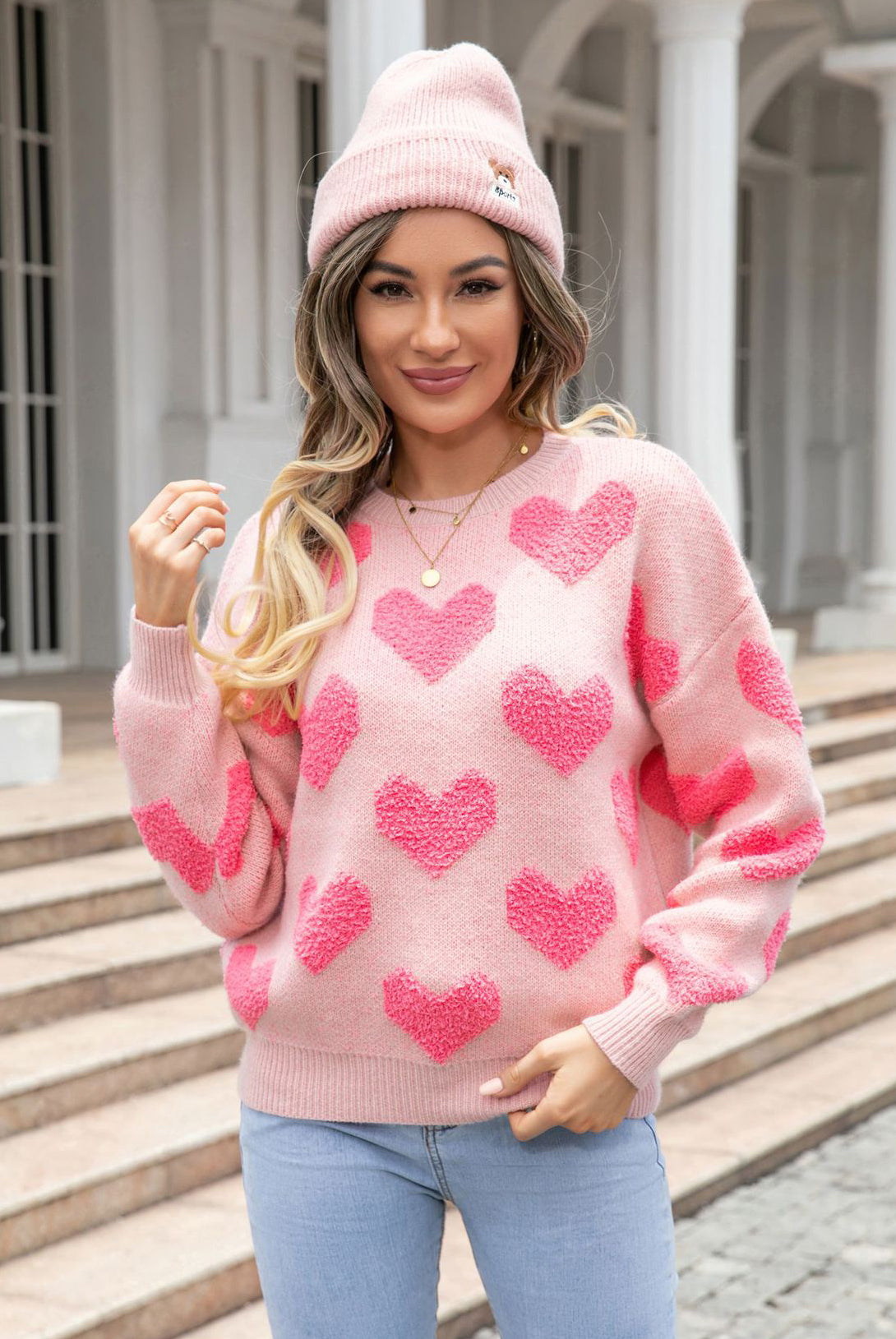 Winter Clothes Sweet Heart Print Round Neck Knitting Shirt Pullover Women's Sweater