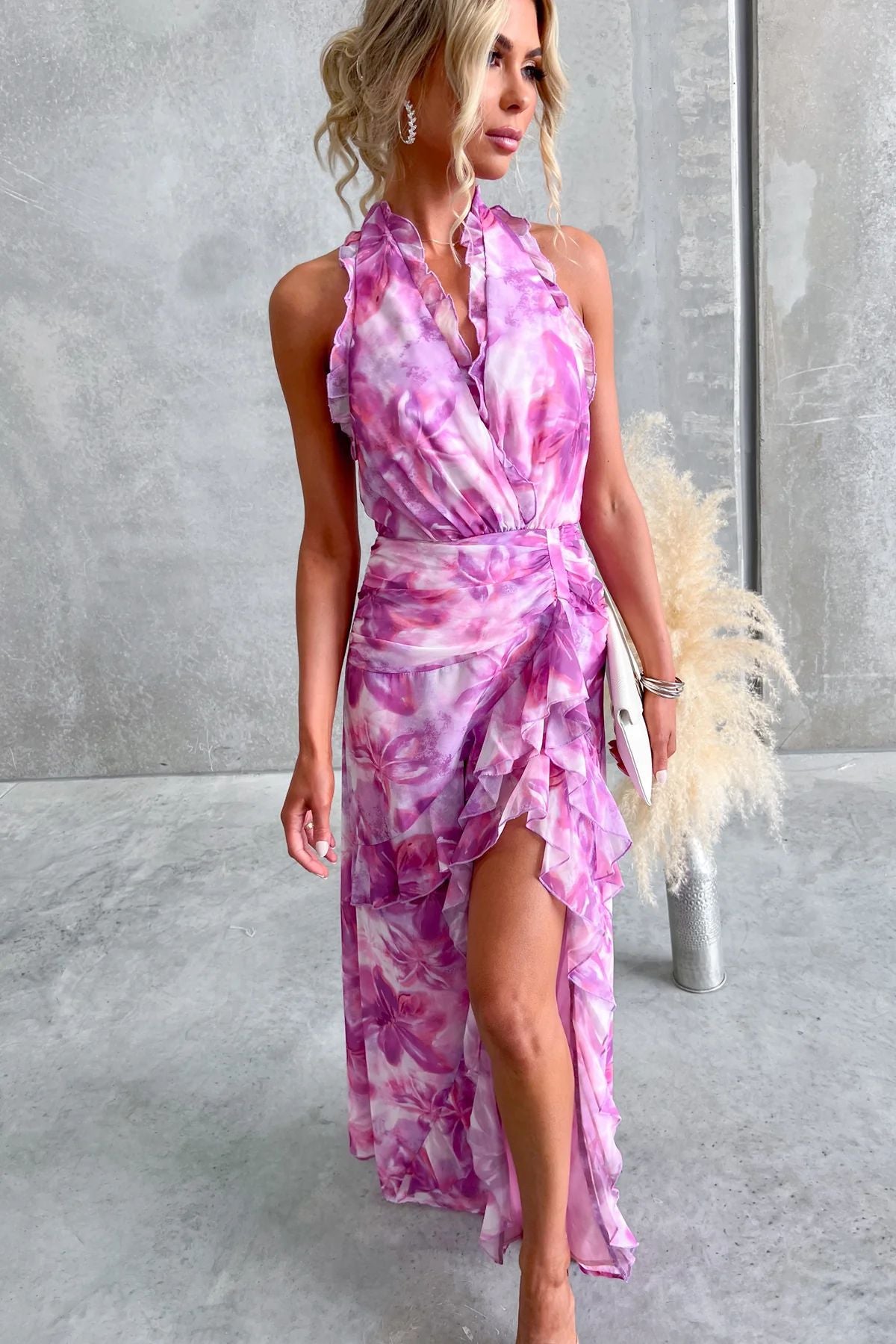 Women Printed Sexy V-Neck Backless Halter Neck Patchwork Ruffle Edge Dress 13