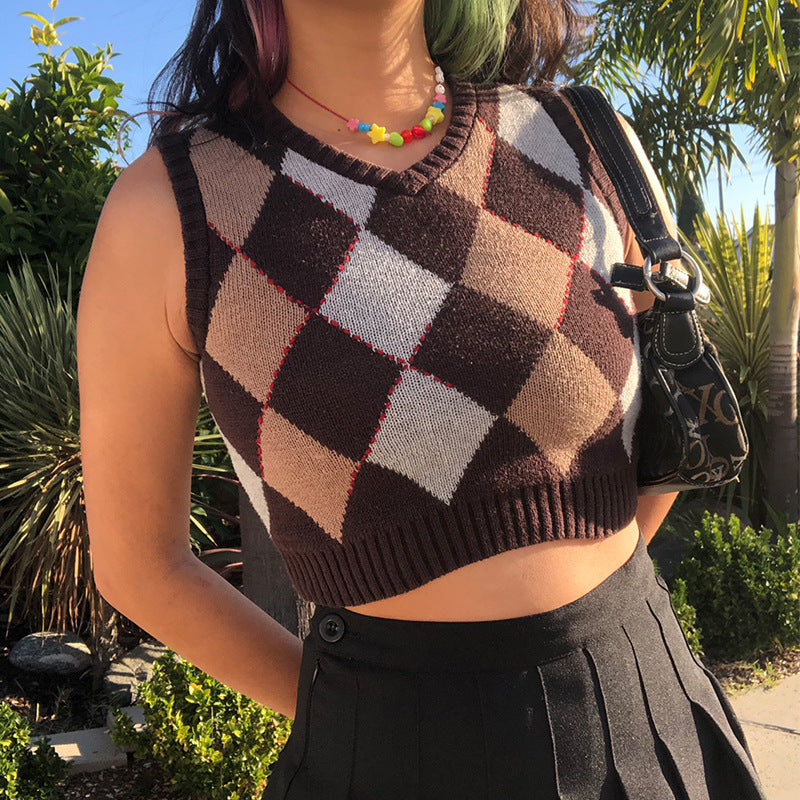 Women Solid Plaid Sleeveless V-Neck Sweater 7