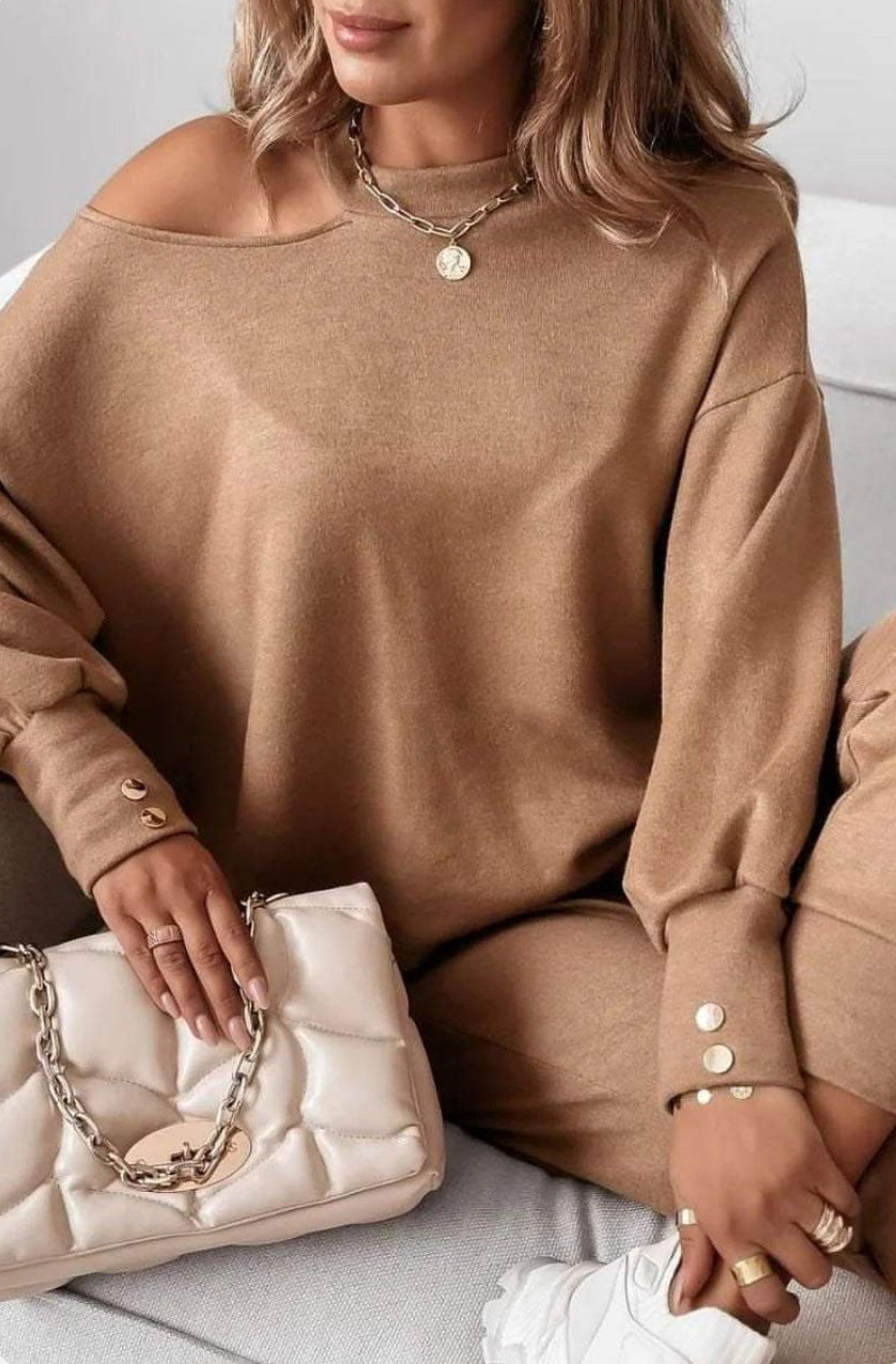 Women's Fashion Casual Solid Color Sexy Long Sleeve Single Shoulder Two Piece Pants Set 6