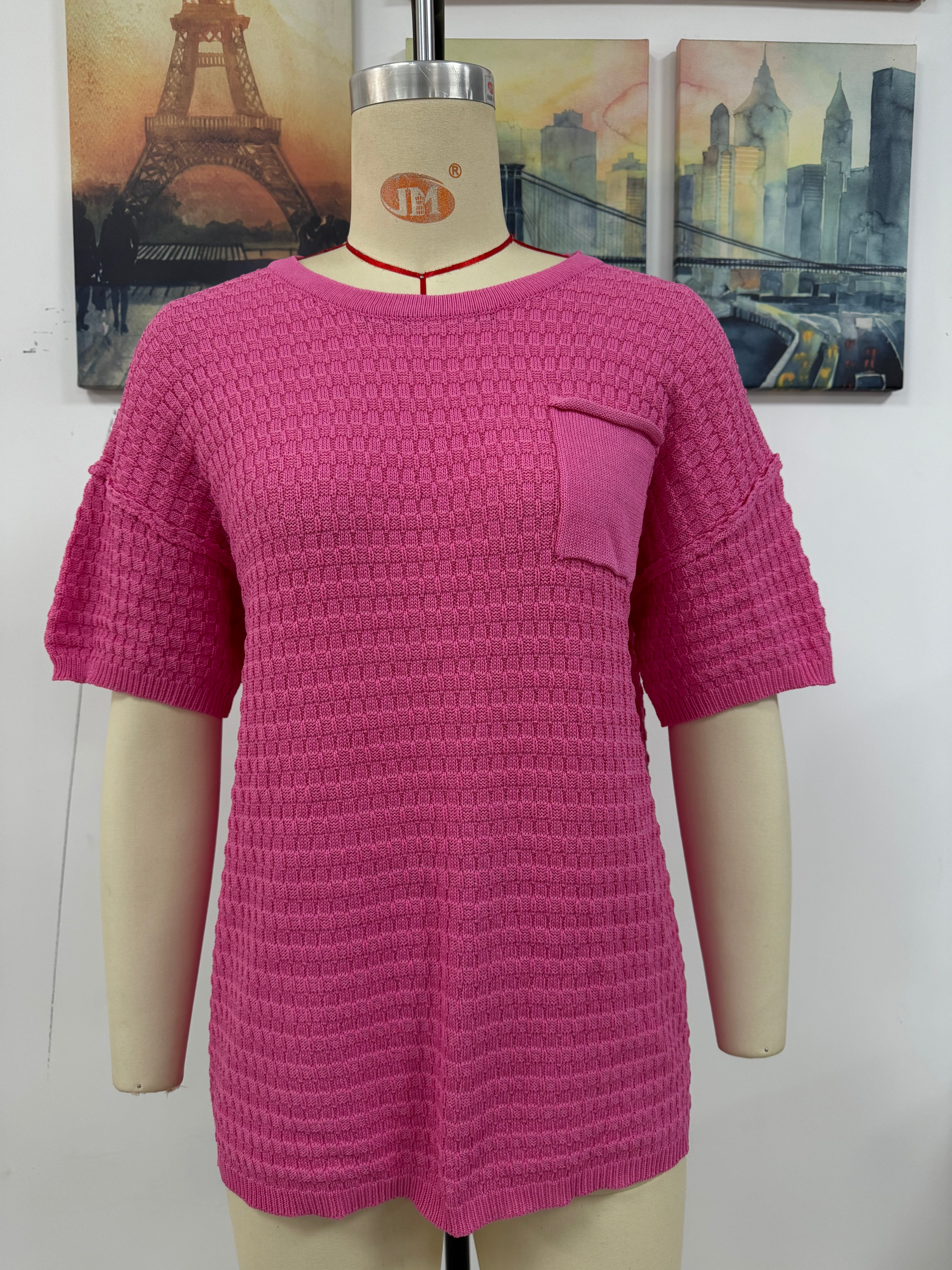 Women Spring and Summer Pocket Short Sleeve Solid knitting Blouse 17