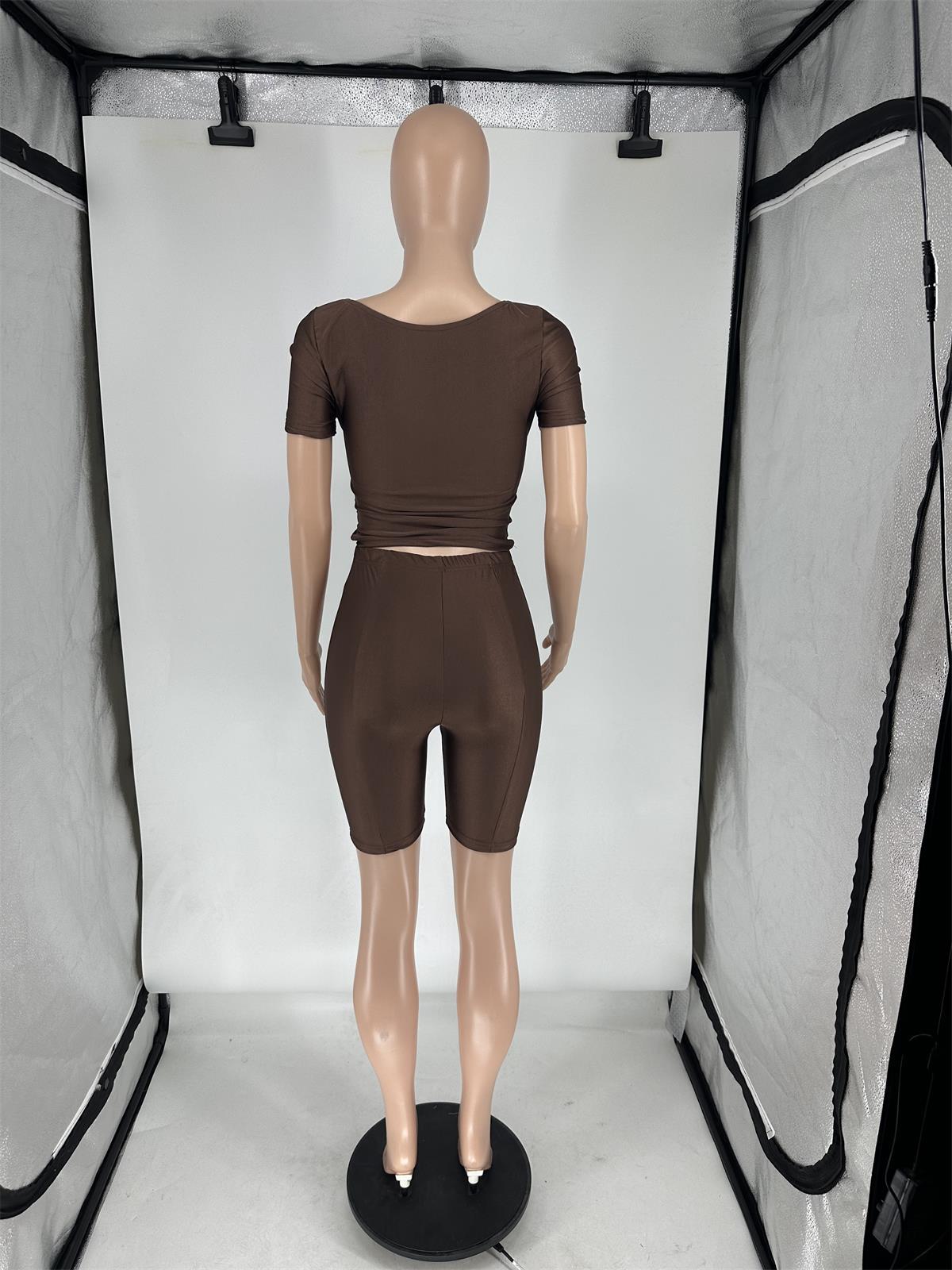 Women's Summer Cross V Neck Short Sleeve Top Elastic Shorts Casual Two Piece Set 19