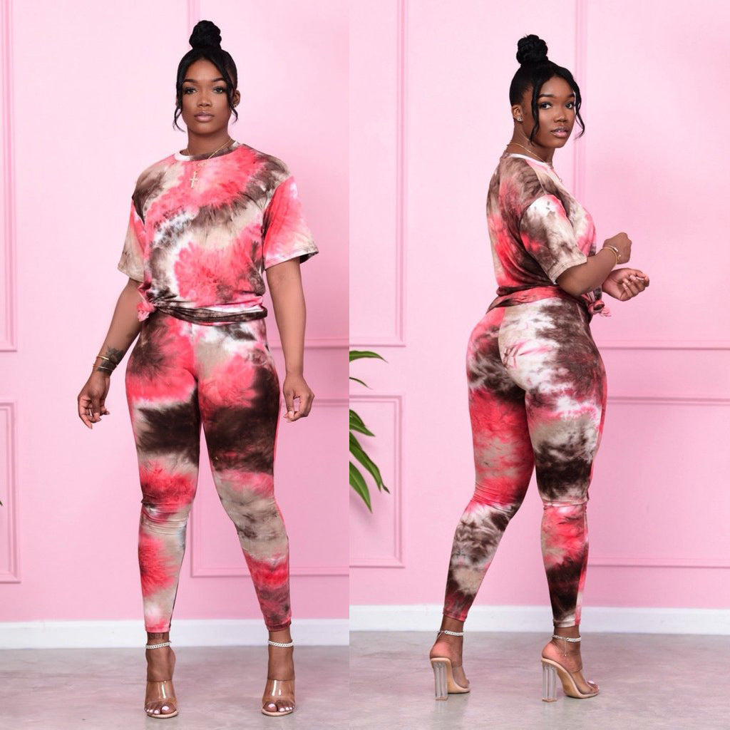 Women's Fashionable casual printed loose T-shirt and trousers two-piece set