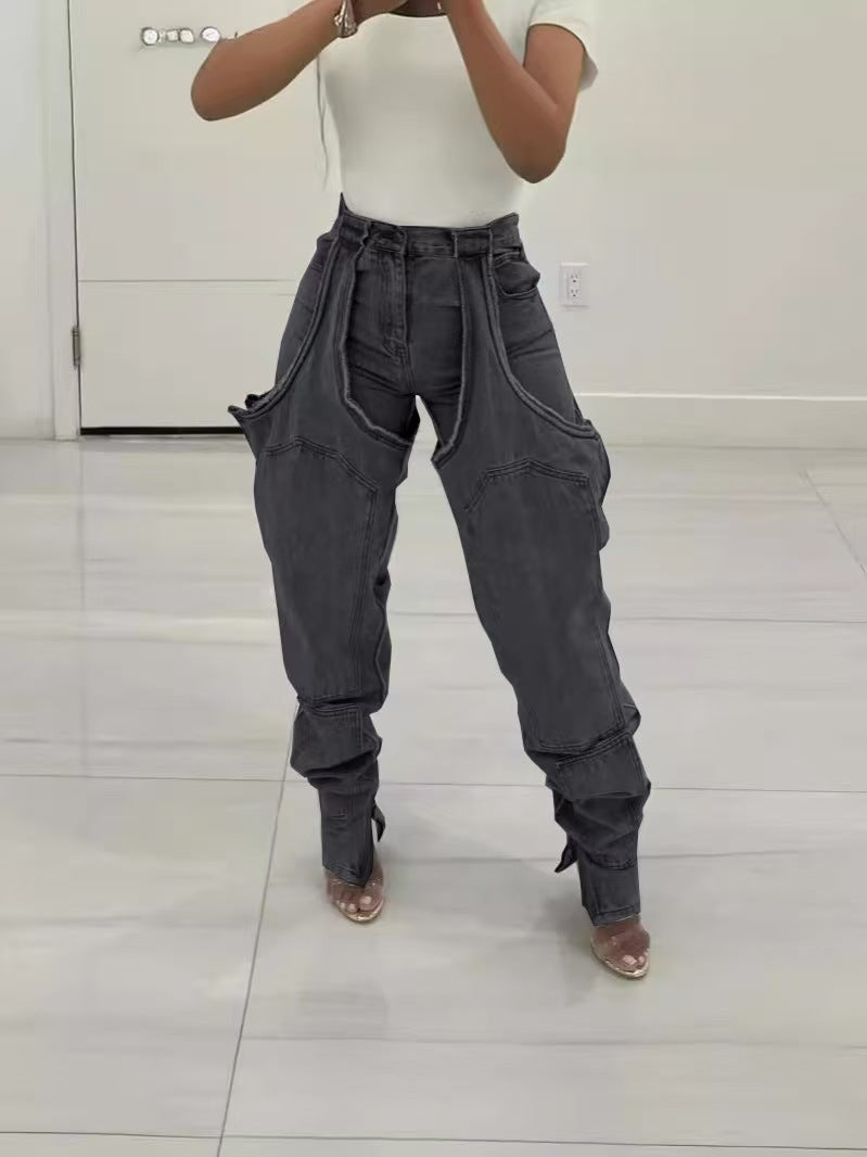 Fashion Irregular Hollow Patchwork Zipper Elastic Denim Jeans 10