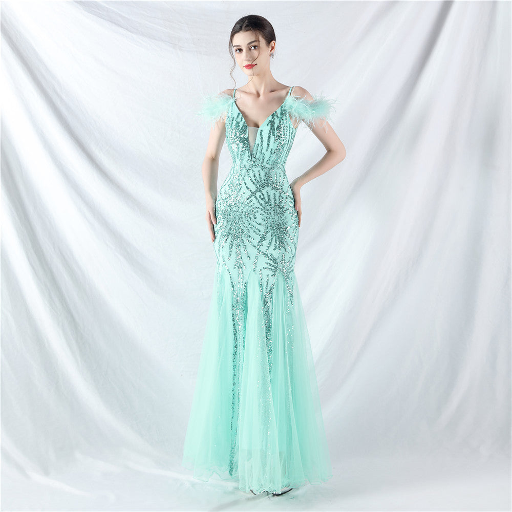 Strap Off Shoulder Long Sequins Elegant Formal Party Evening Dress 3