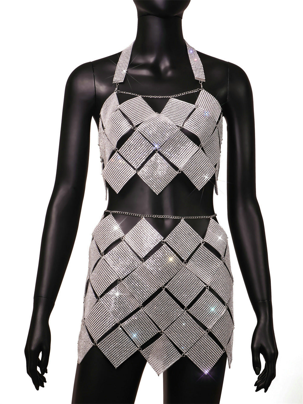 Women's Nightclub Style Sexy Diamond Sequin Checkered Two Piece Skirt Set 8