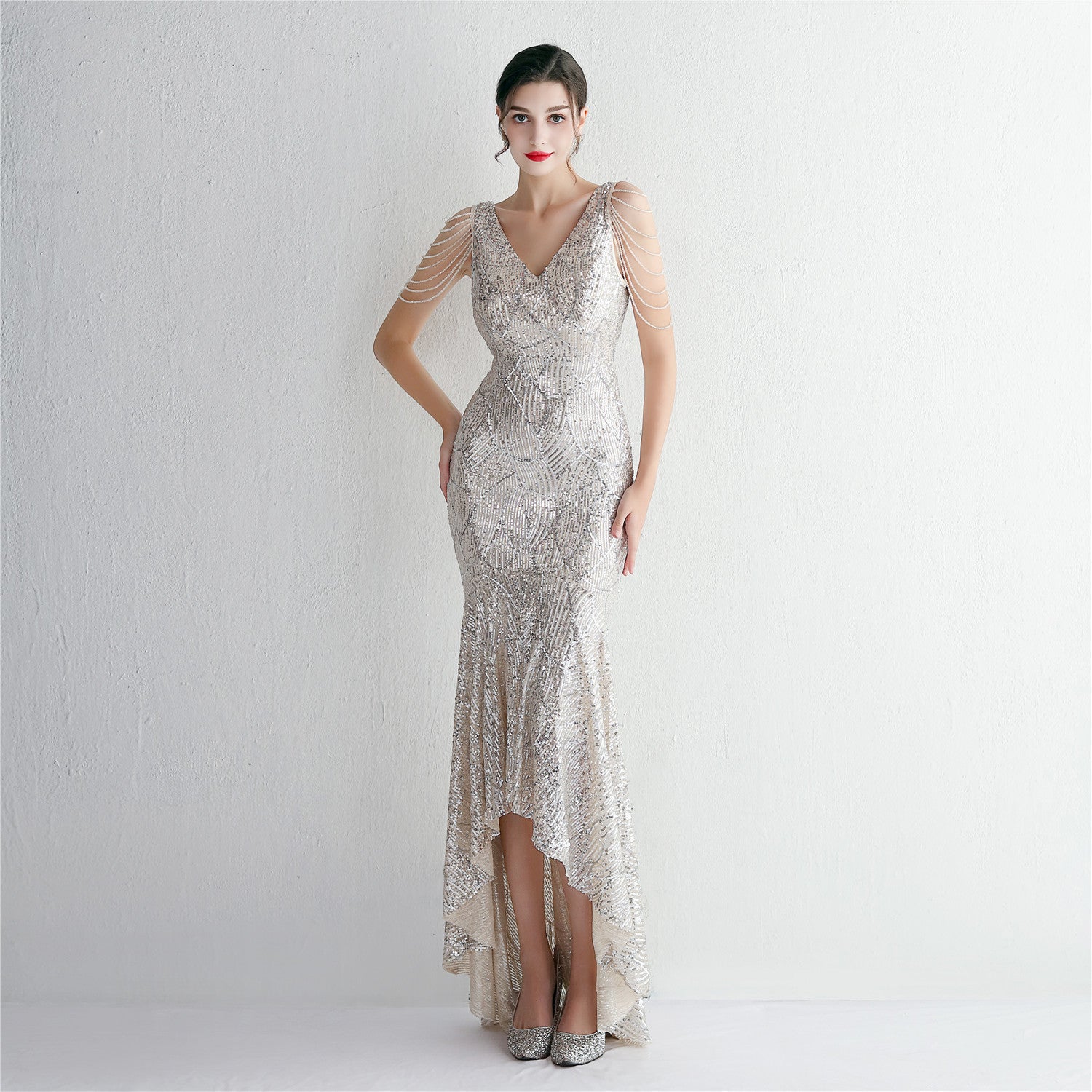 WomenElegant Sequins V Neck Evening Dress 3