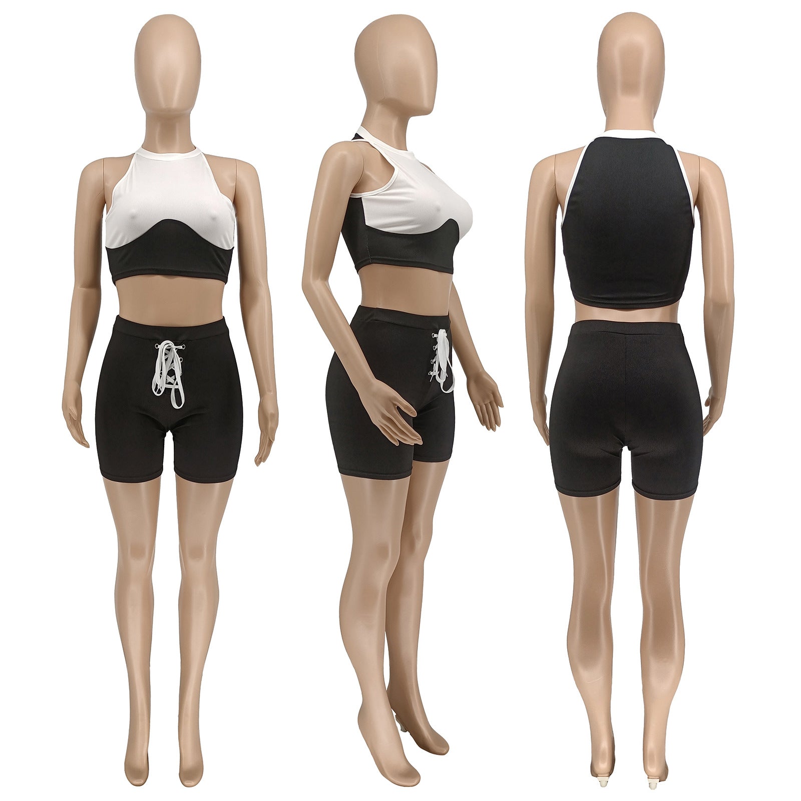 Summer Sexy Solid Colorblock Knitted Crop Top Shorts Two-Piece Set 15