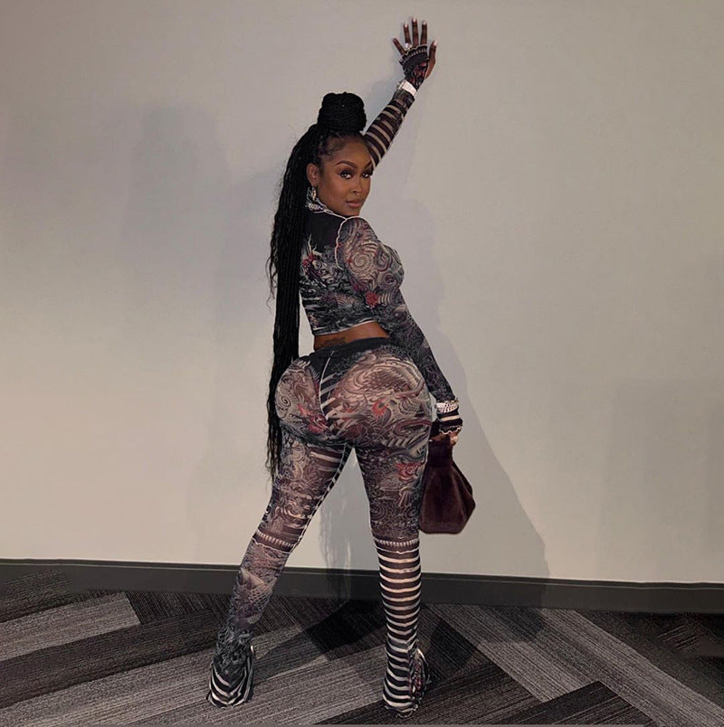Women sexy mesh See-Through printed Top and high-waisted Casual trousers two-piece set 6