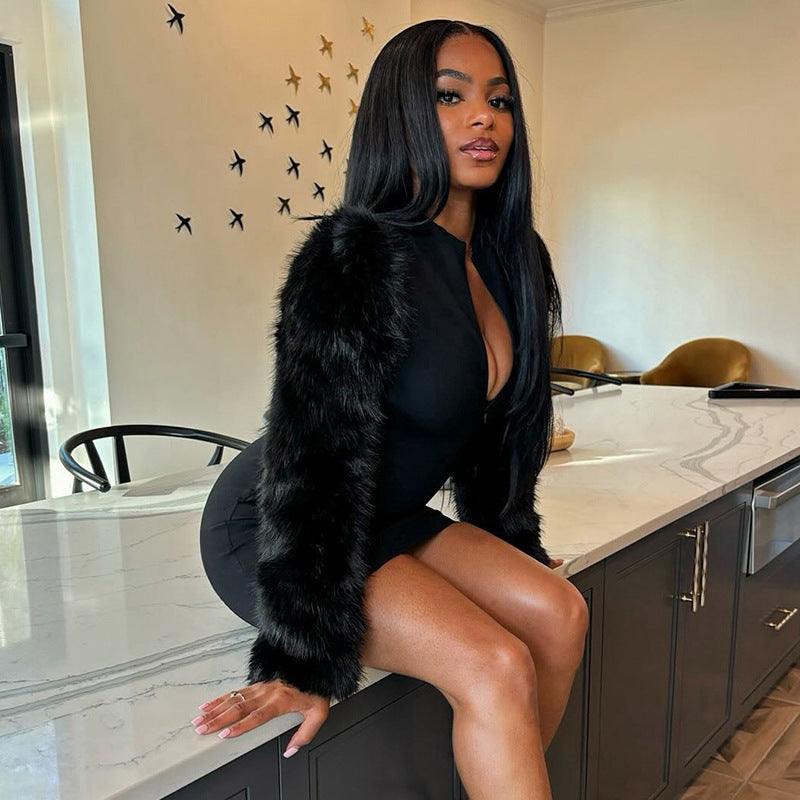Women Autumn Zipper Neck Long-Sleeved Fur Paneled Sexy Bodycon Dress 11