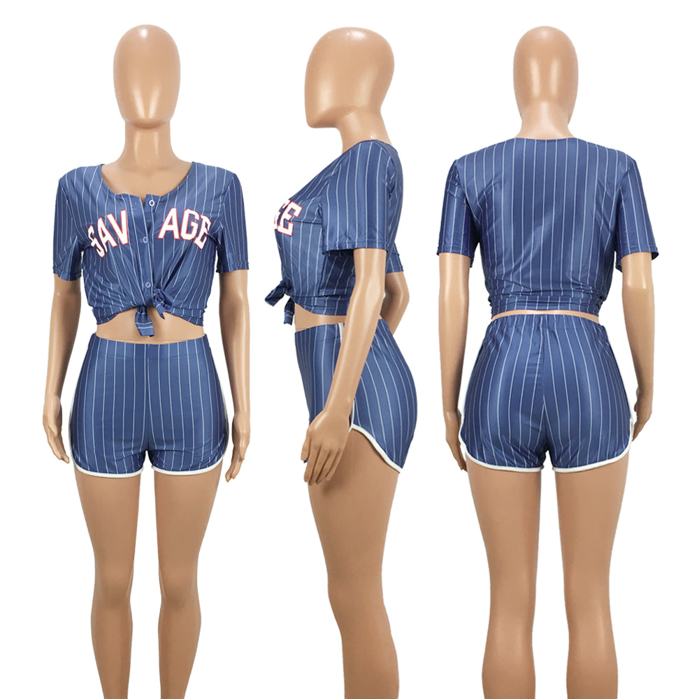 Women Sexy Women Striped Letter Baseball Top and Skirt Two-piece Set 45