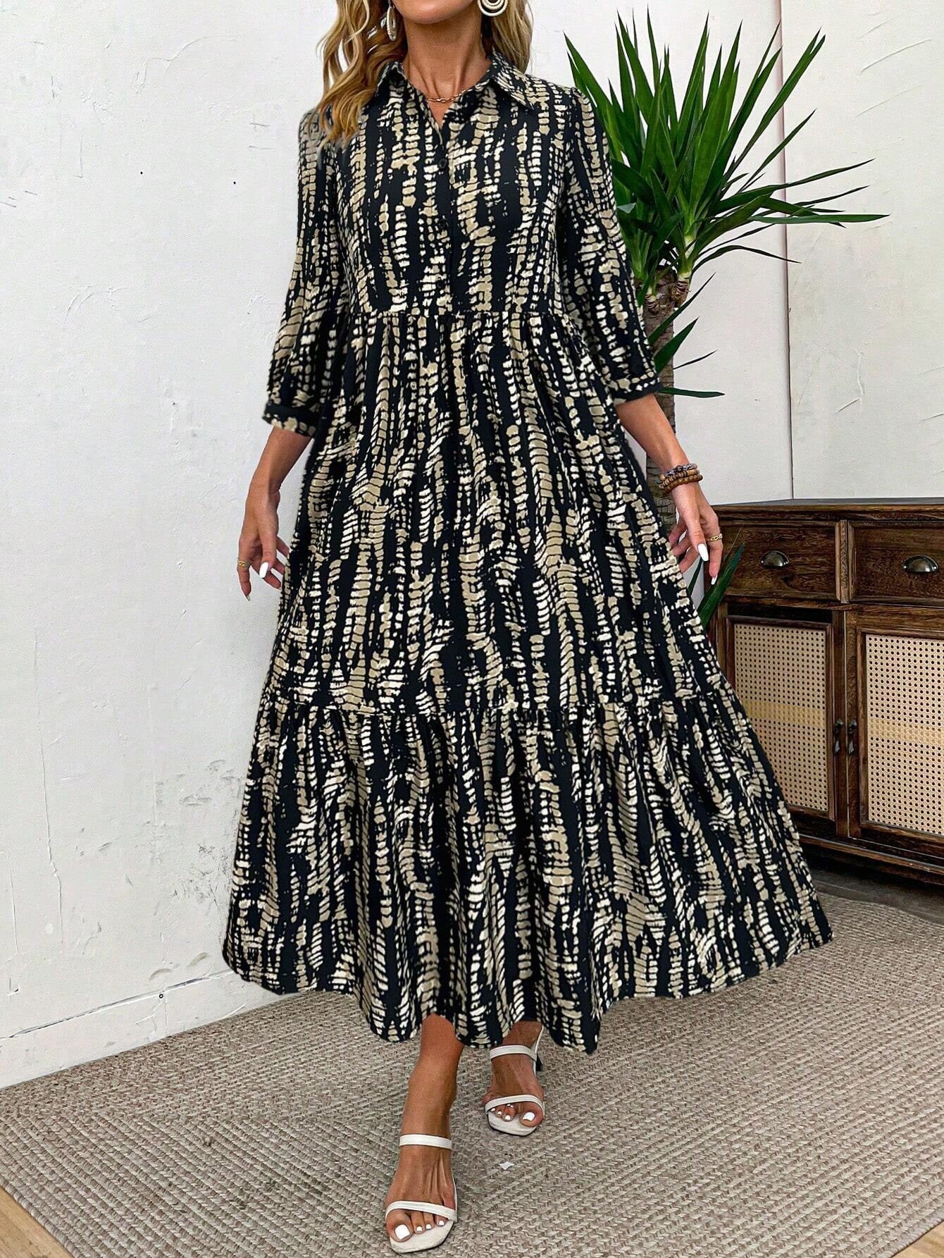 Printed Slim Waist Turndown Collar Long Sleeve Button Dress