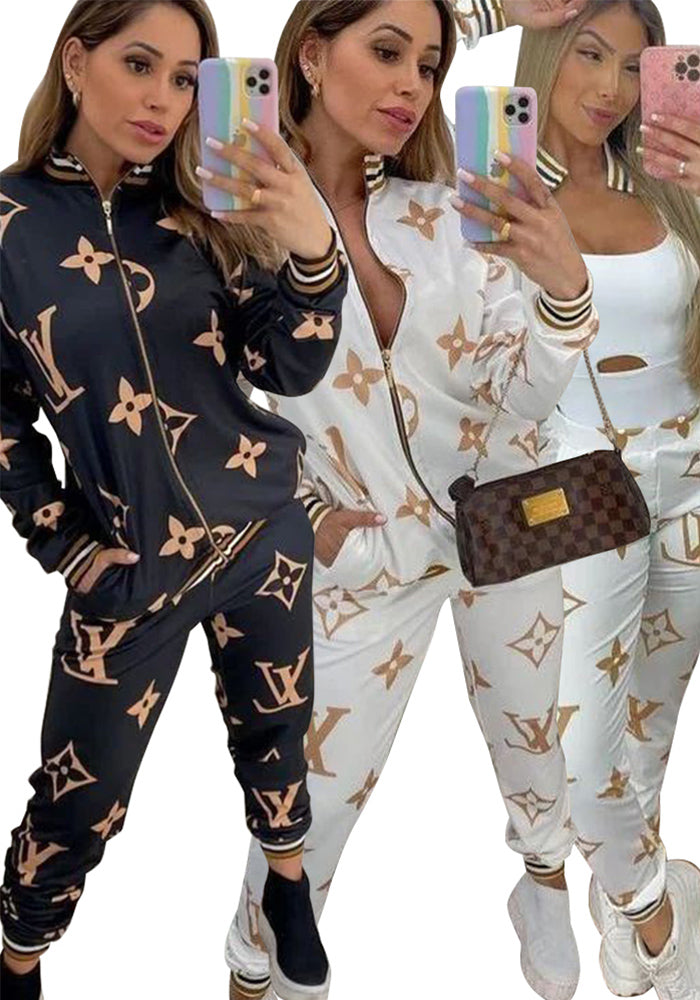 Women's Outdoor Casual High Ribbed Zipper Pocket Jacket Pants Two-Piece Set