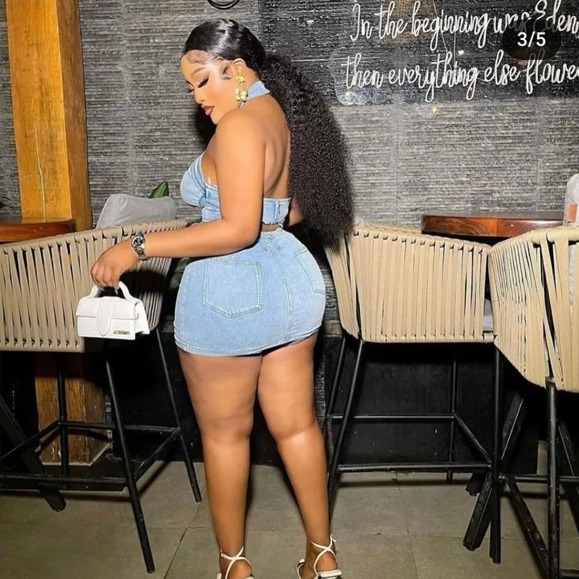 Washed Stretch Denim Halter Neck Zip Sexy Casual Two Piece Skirt Set 5