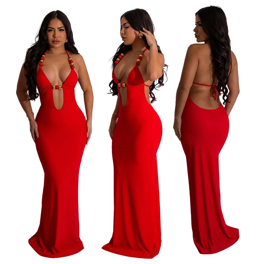 Women sexy V Neck beaded evening Lace-Up dress 6