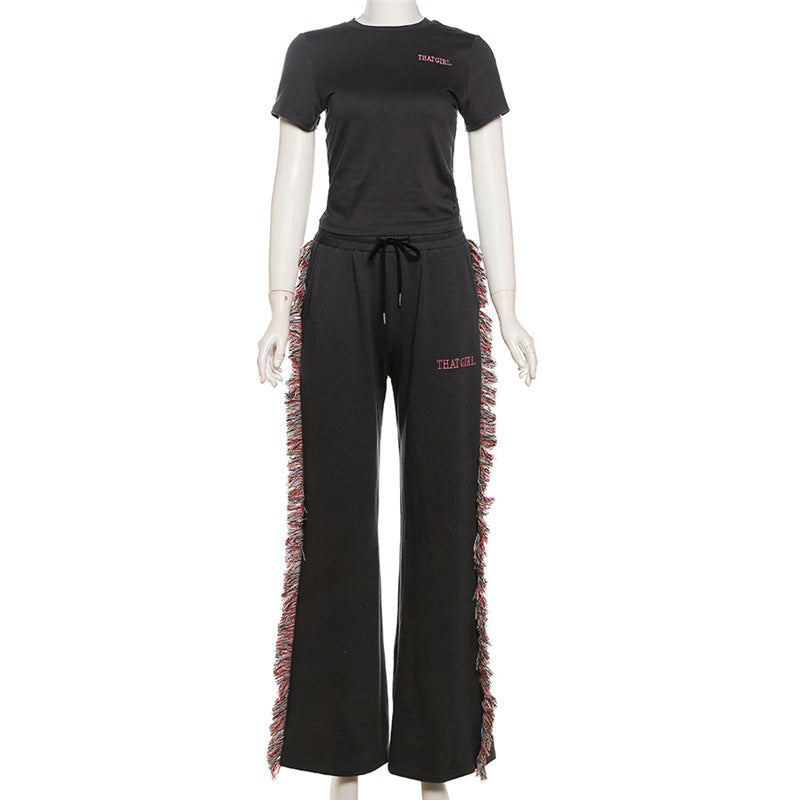Women Round Neck Embroidered Short Sleeve T-Shirt And Tassel Pant Two Piece Set 5