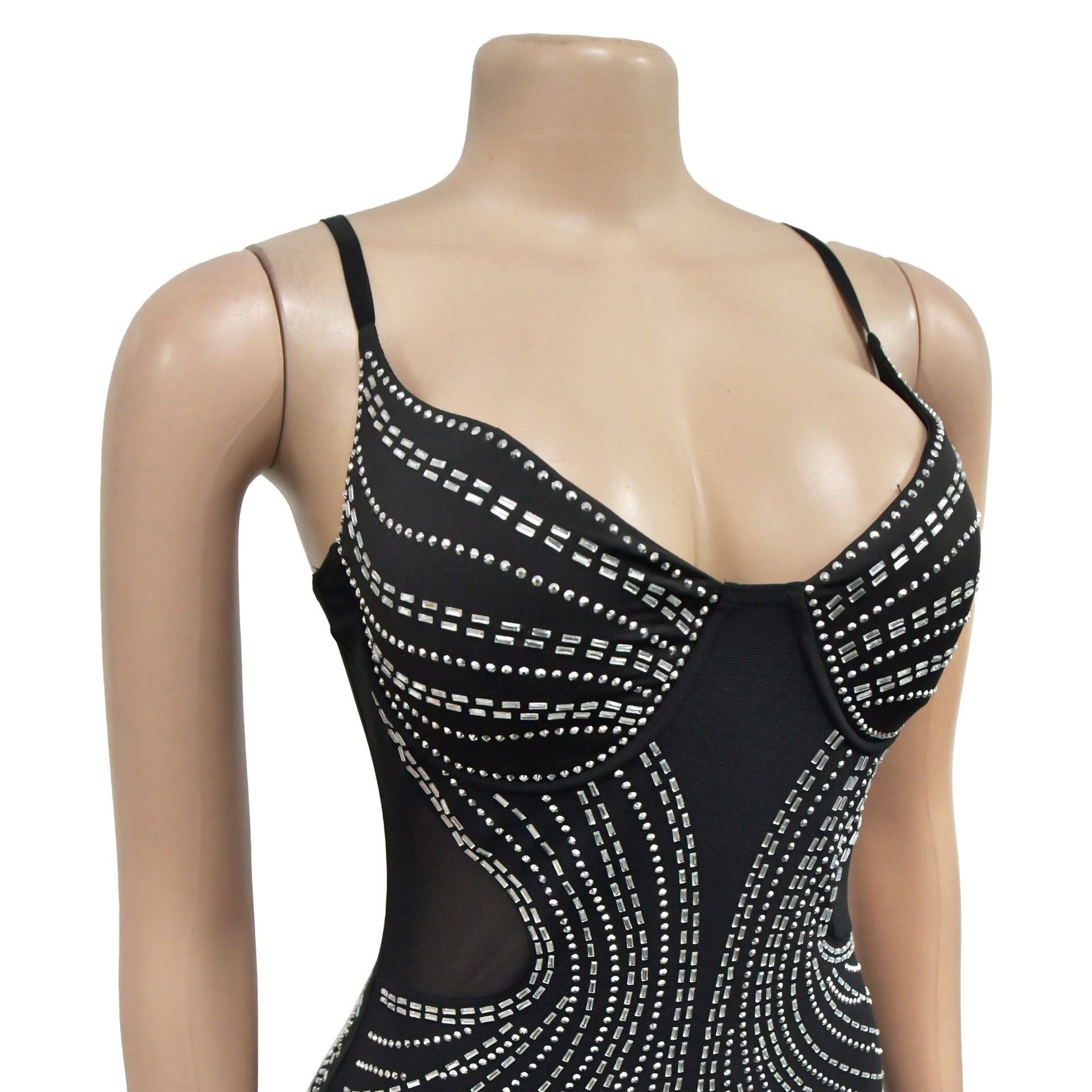 Fashion Women's Solid Color Mesh Beaded Strap Long Dress 13