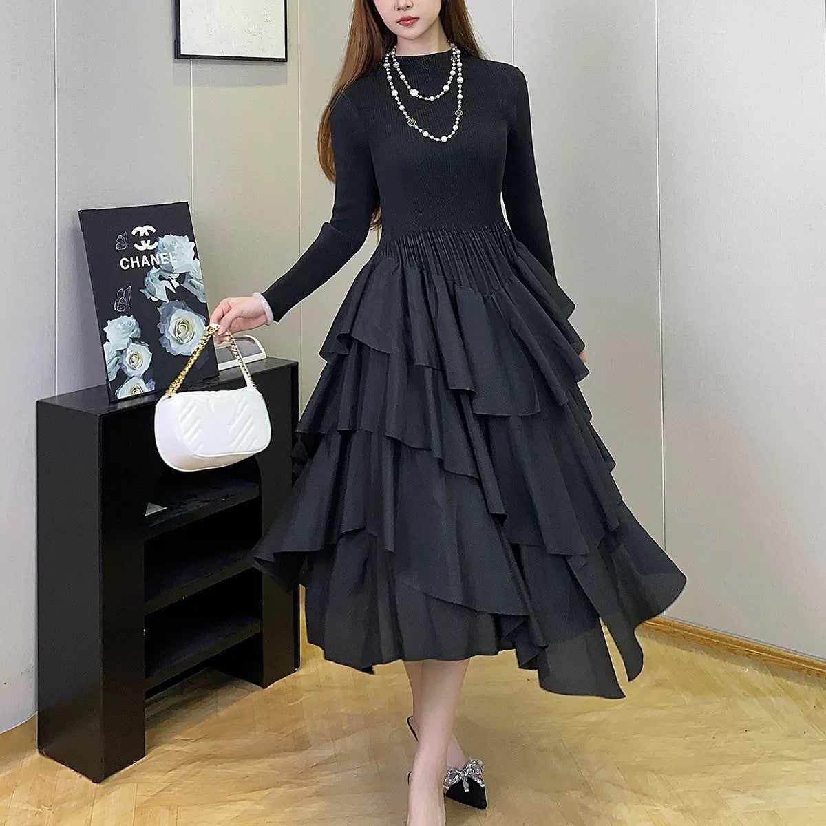 Plus Size Fashion Flounce Chic Slim Waist Elegant Solid Cascading Ruffles Dress 6