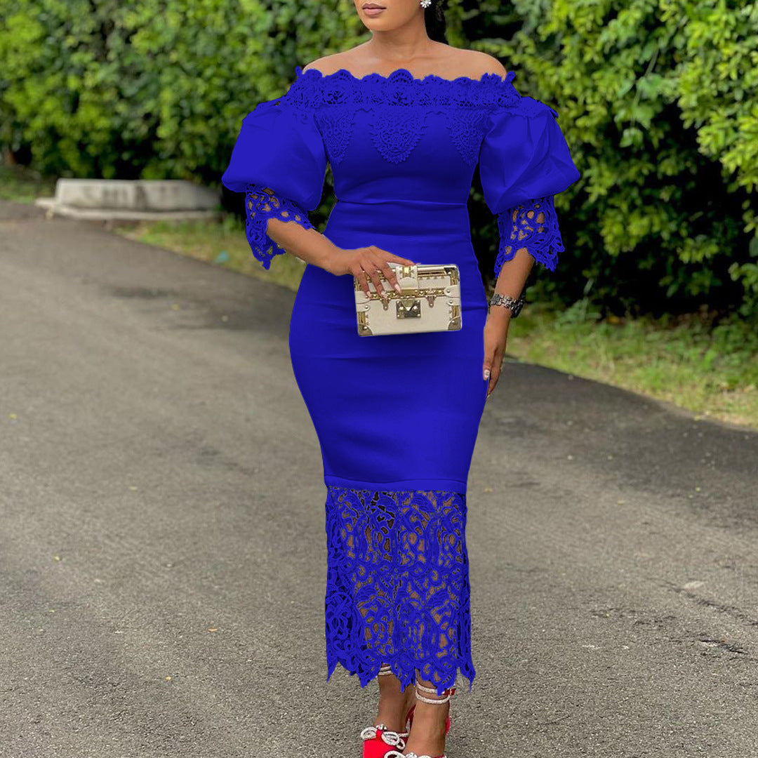 Off Shoulder Off Shoulder Bodycon Lace Patchwork Balloon Sleeve Gown Dress 10