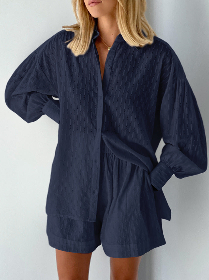 Summer Women Shirt Jacquard Puff Sleeve Top And Shorts Two-piece Set 7